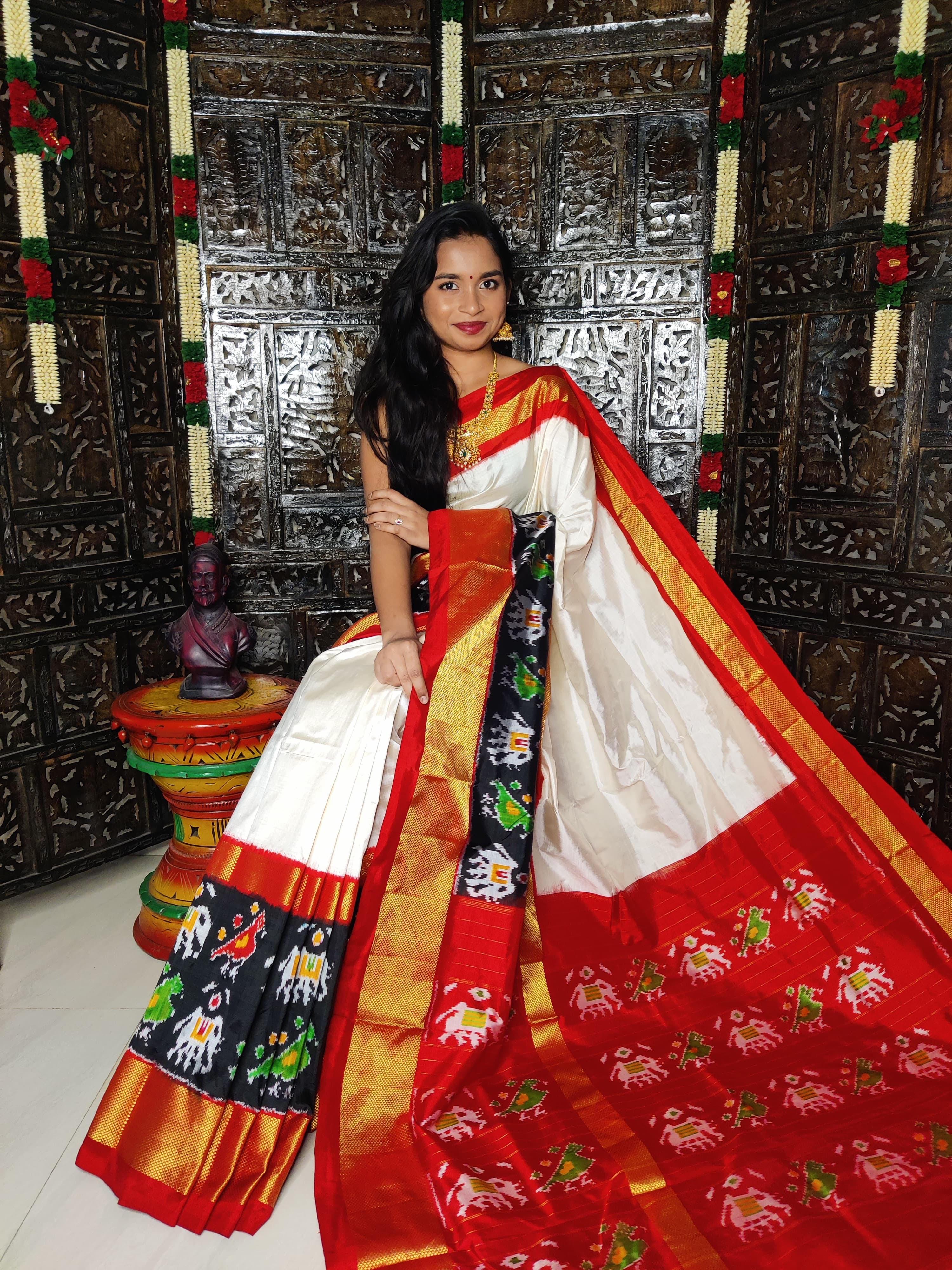 Patola Silk Saree In White And Red online With Ikaat Weaving Kanchi Pattu Sarees Fancy Saree