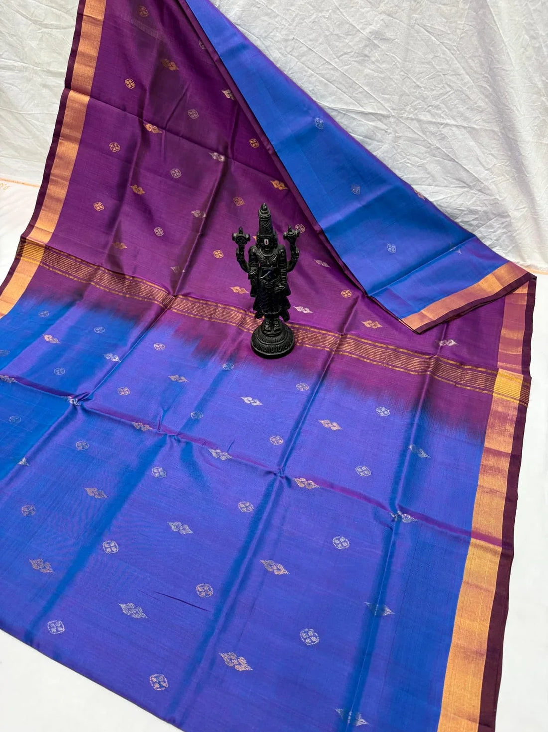 Dual-Tone Blue and Purple Uppada Pattu Silk Saree with Zari Buttas - pochampallysarees.com