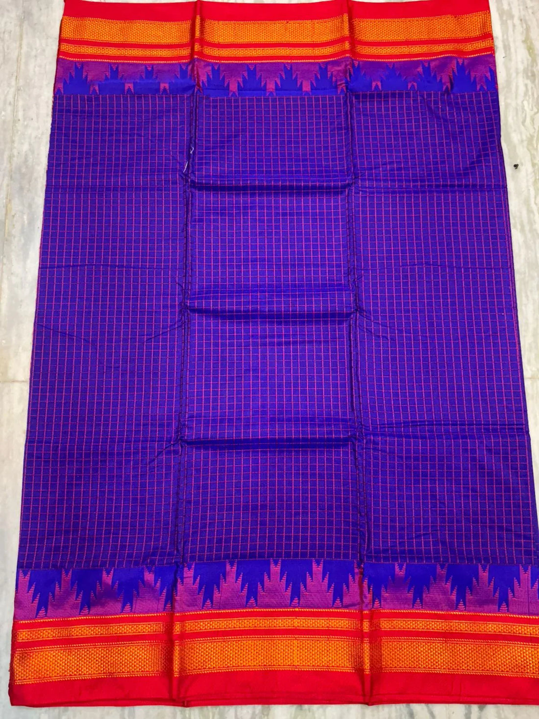 Authentic Pure Gadwal Silk Saree - Purple Checks with Contrast Red Pallu - pochampallysarees.com