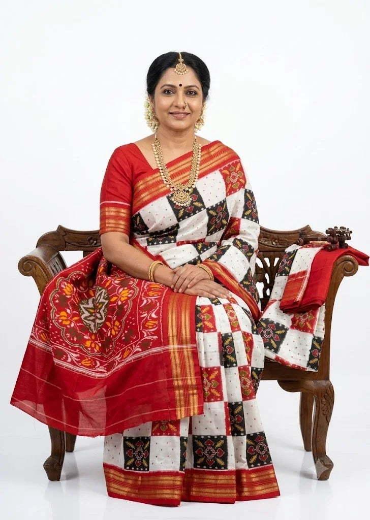 Traditional Handwoven Red & Black Checks Patola Ikkat Silk Saree - pochampallysarees.com