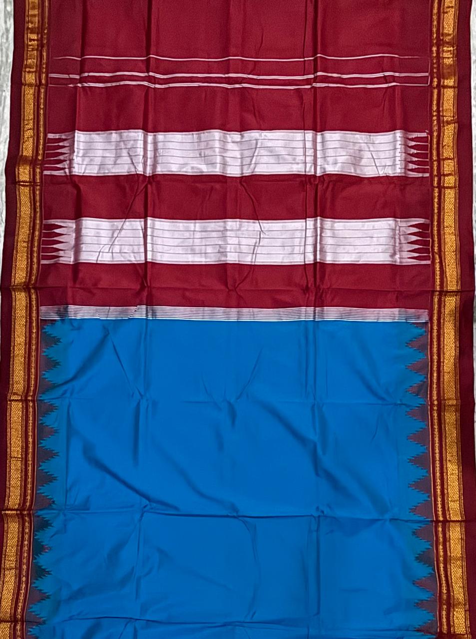 Electric Blue Gadwal Silk Saree with Maroon & White Pallu
