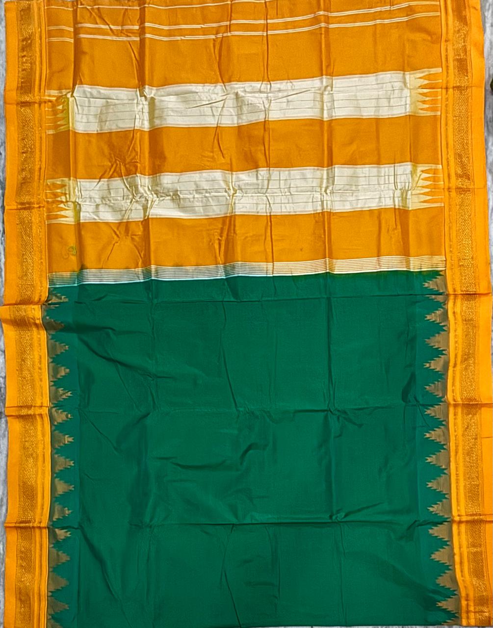 Deep Green Gadwal Silk Saree with Marigold Yellow Pallu