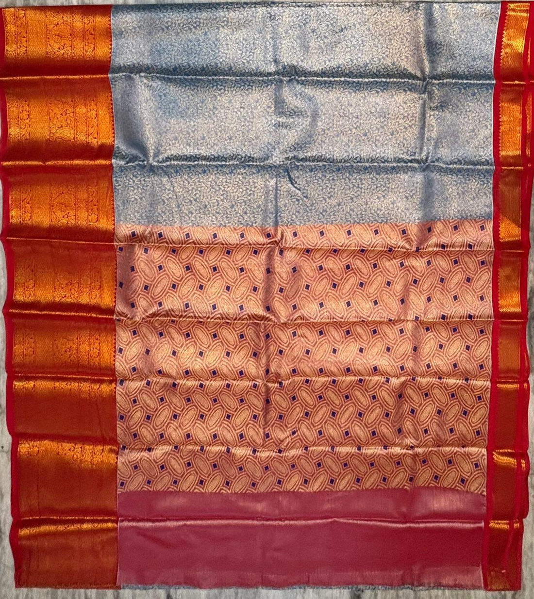 Dharmavaram Pattu Silk Saree in Light Blue With Red