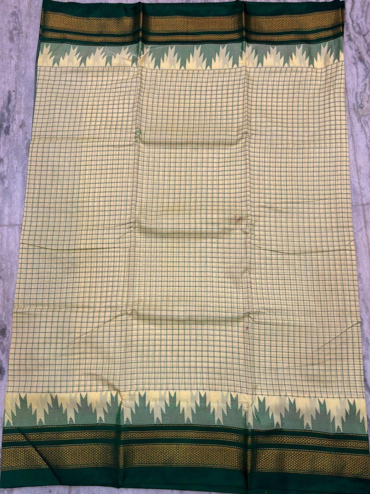 Pure Gadwal Silk Saree - Cream Check Pattern with Green Zari Border & Traditional Pallu - pochampallysarees.com