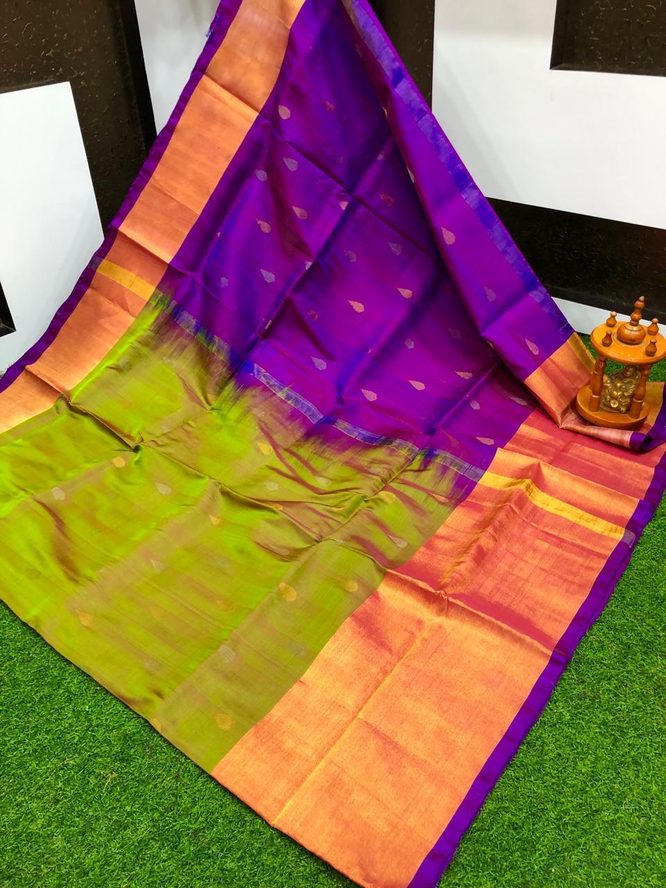 Exquisite Deep Purple & Parrot Green Uppada Pattu Saree with Zari Motifs - pochampallysarees.com