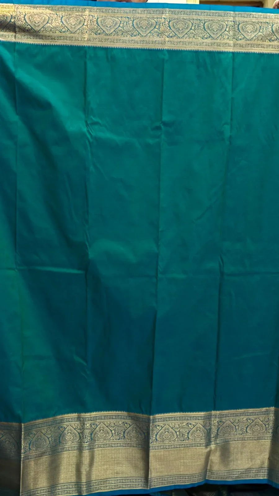 Authentic Peacock Teal Dharmavaram Silk Saree with Heavy Gold Zari Border - pochampallysarees.com