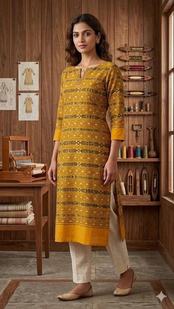 Elegant Mustard Yellow Sambalpuri Ikat Handloom Fabric with Traditional Bandha Weave - pochampallysarees.com