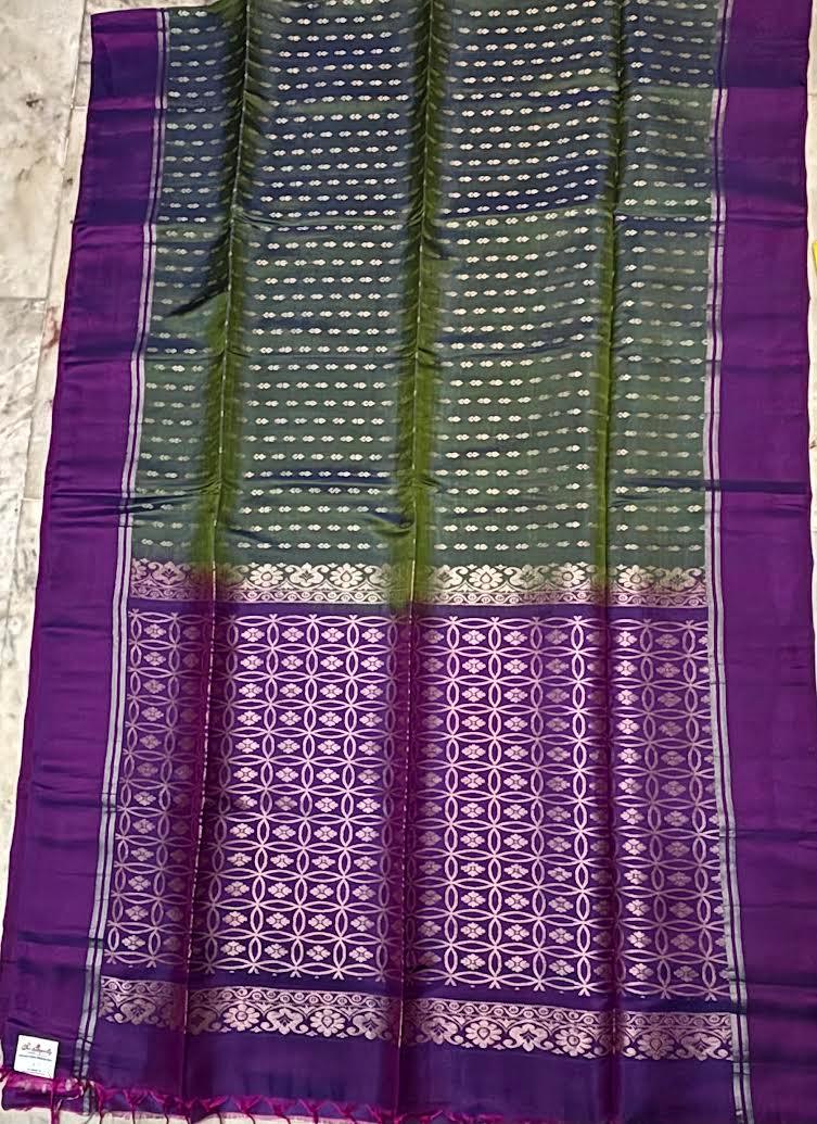 Elegant Olive Green Soft Silk Saree with Rich Purple Pallu - pochampallysarees.com