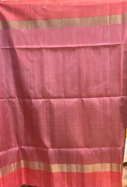 Beige Soft Silk Saree with Coral Pink & Blue Contrast Zari Border