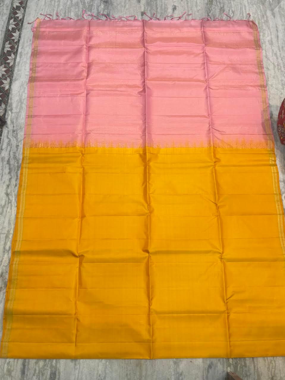 Pink Kanchi Soft Silk Saree Plain Middle Yellow Pallu Pink