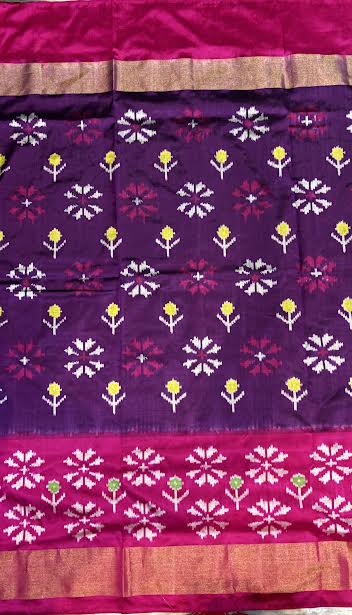 Regal Deep Purple & Pink Ikat Silk Saree with Rich Gold Zari