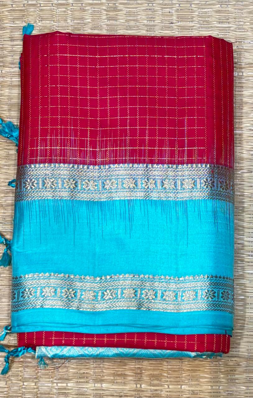 Red and Teal Blue Kanchi Soft Silk Checks Saree with Silver Zari Border