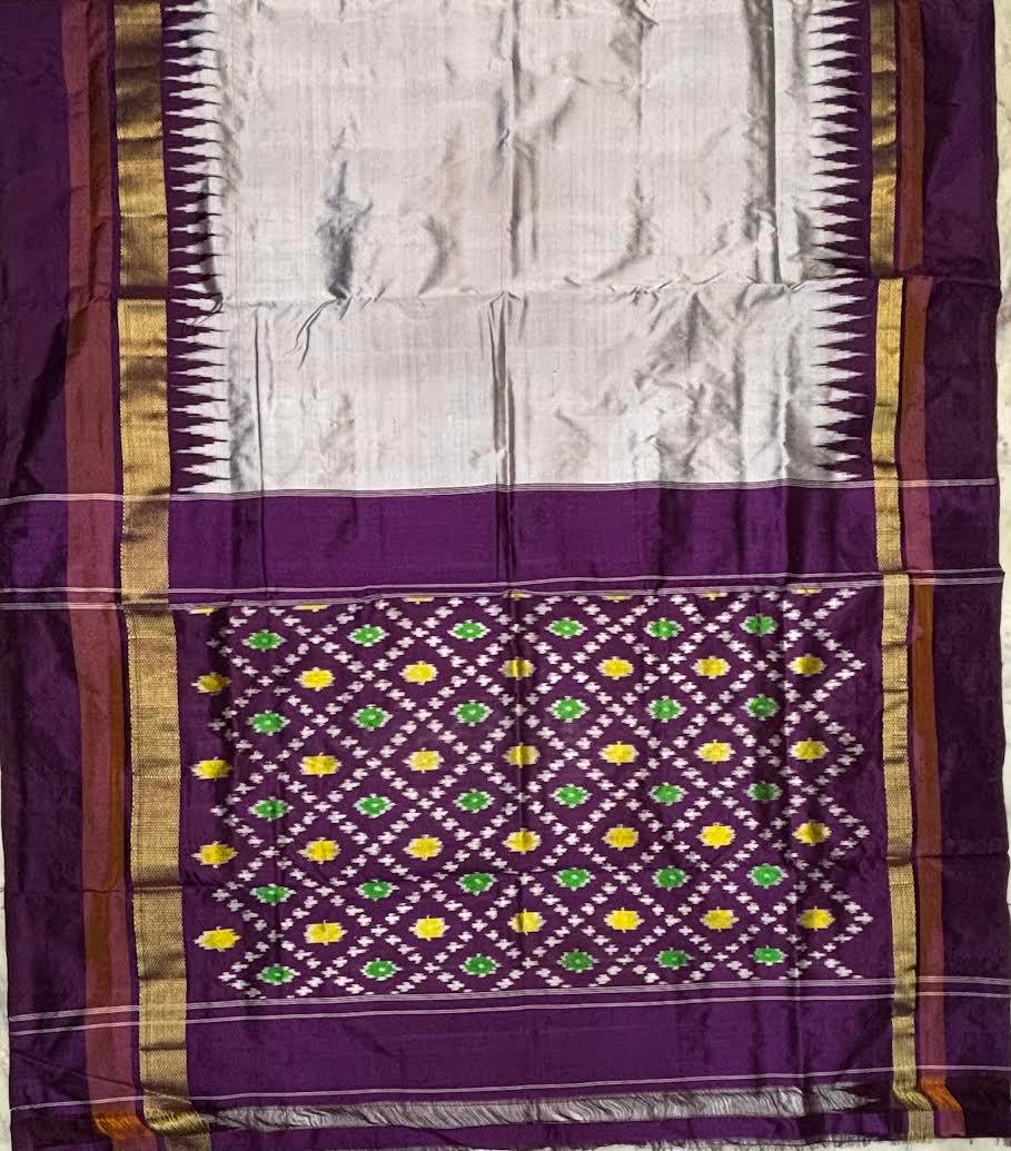 Elegant Off-White & Purple Ikat Silk Saree with Temple Border - pochampallysarees.com