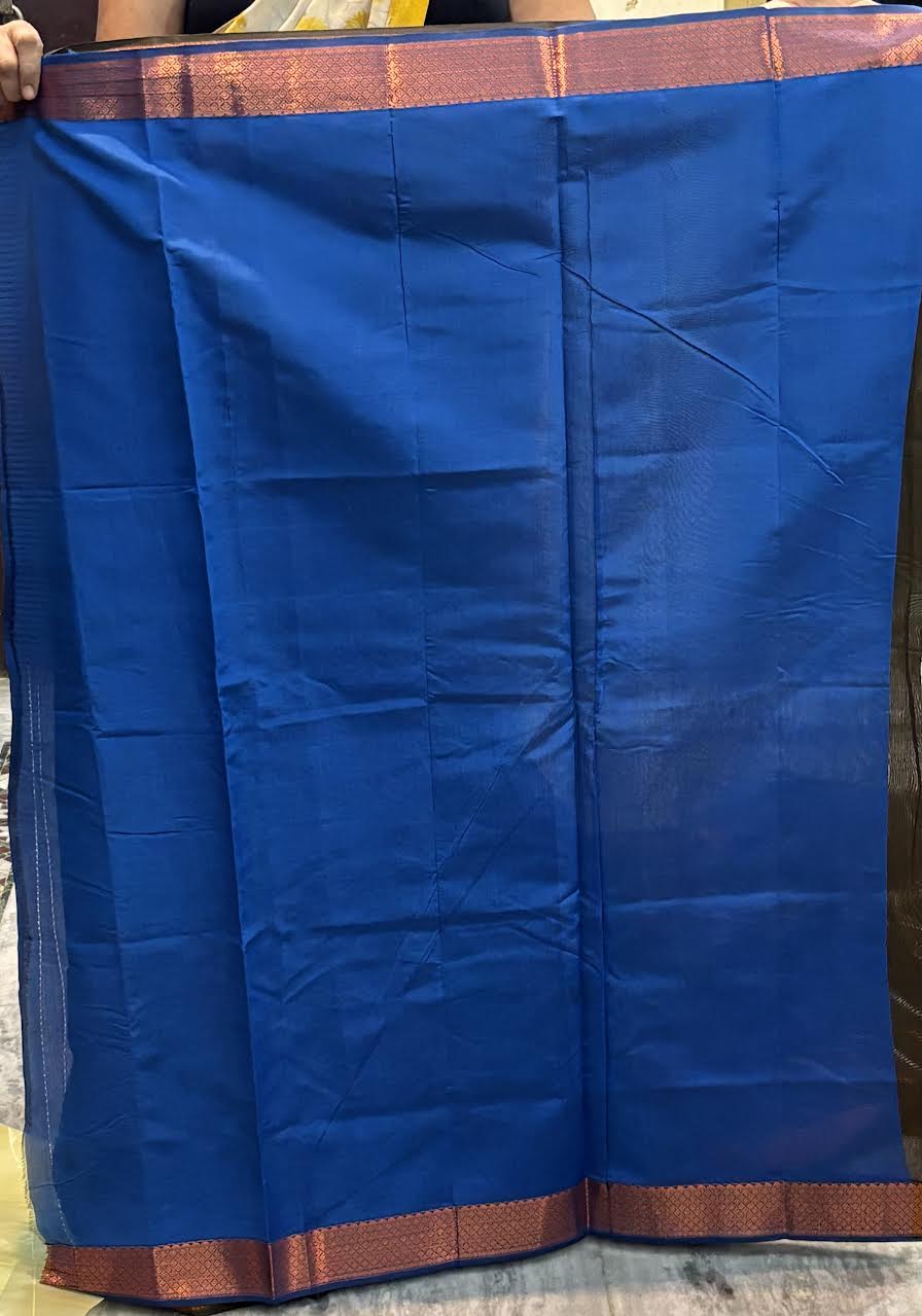 Olive Green and Royal Blue Kuppadam Pattu Saree with Wave Zari Weave