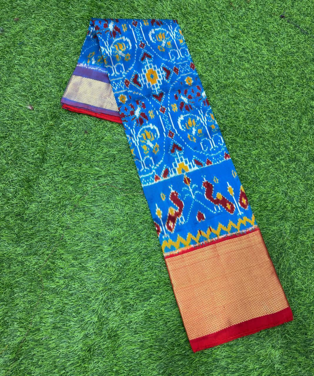 Blue And Red Ikkat Silk Big Size Lehenga (8 Years to 50 Years)with silk mark