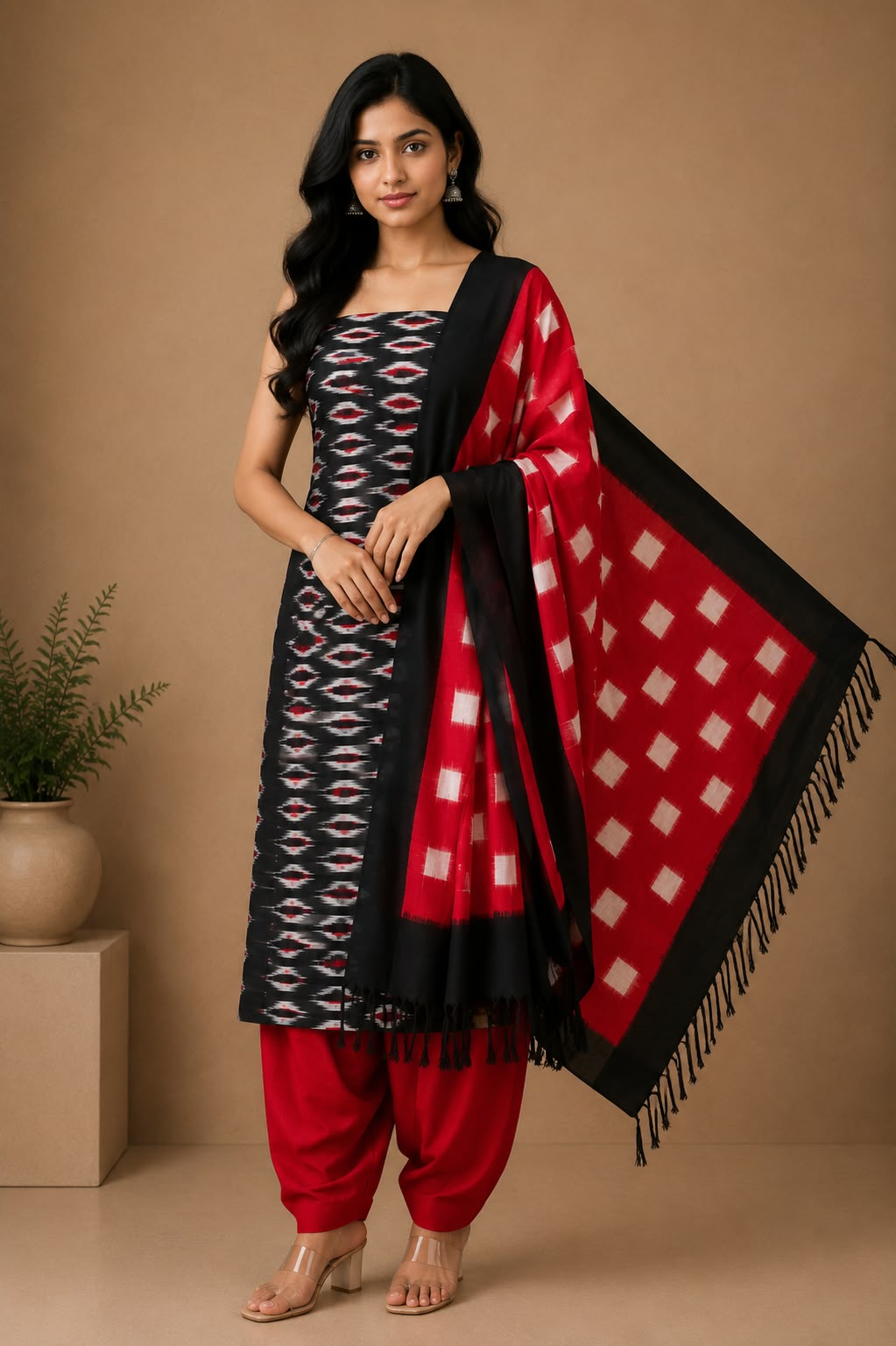 Handwoven Black & Red Double Ikat Cotton Unstitched Dress Material Set with Geometric Dupatta