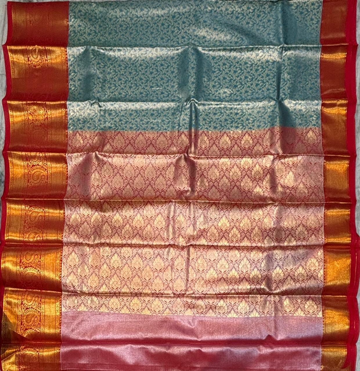 Dharmavaram Pattu Silk Saree – Sea Green Blue with Royal Red Pallu & Golden Zari - pochampallysarees.com