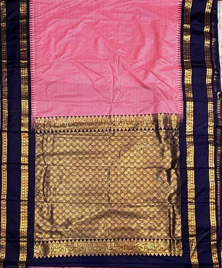 Exquisite Gadwal Silk Saree – Light Pink & Navy Blue Traditional Handloom - pochampallysarees.com