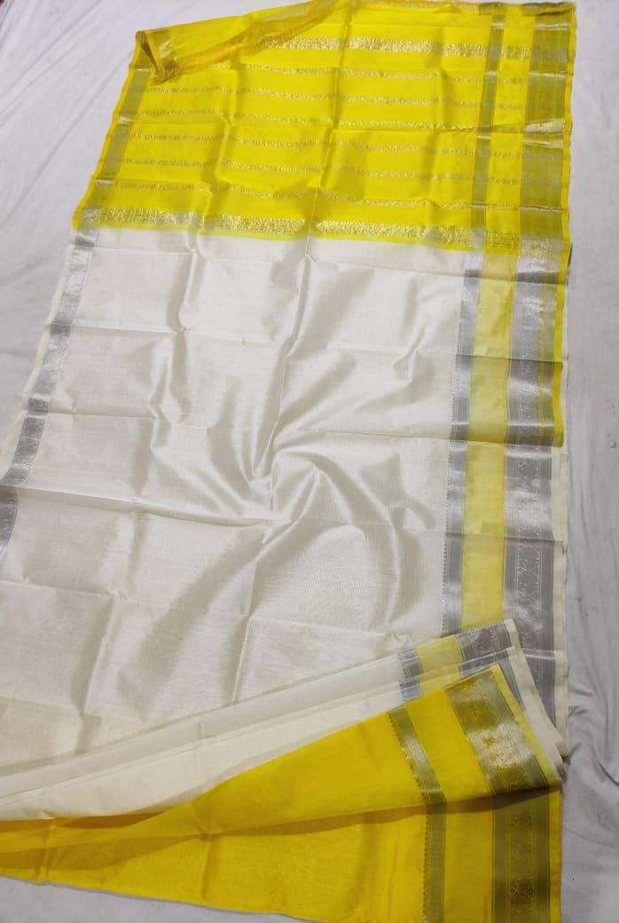 Kuppadam Pattu Cream With Yellow Color Saree - pochampallysarees.com