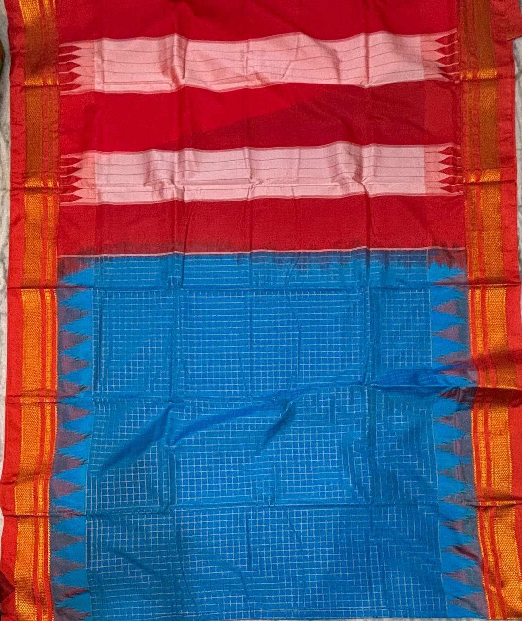 Royal Blue Checkered Gadwal Silk Saree with Red Temple Border - pochampallysarees.com