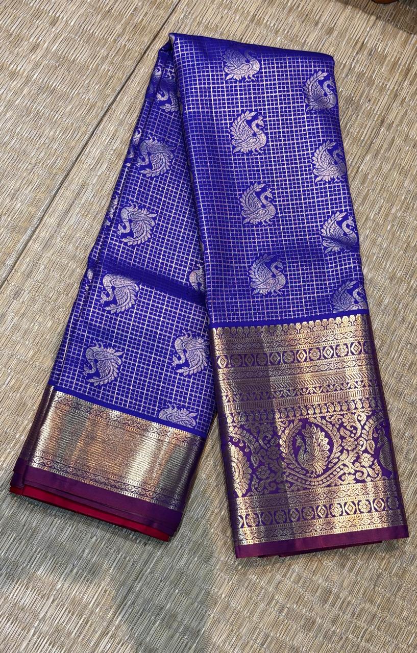 Royal Blue & Crimson Red Semi Dharmavaram Silk Saree with Zari Checks and Brocade Pallu