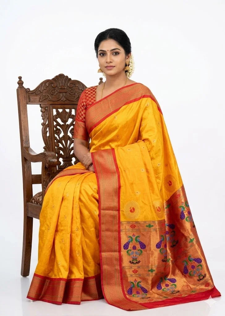 Traditional Yellow Gadwal Silk Saree with Red Peacock Pallu - pochampallysarees.com