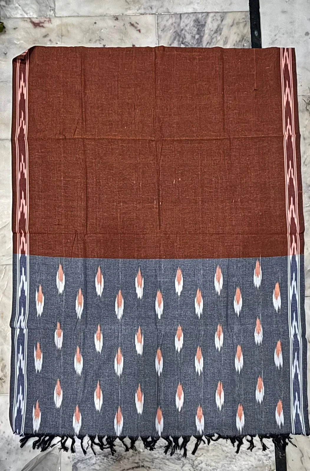 Handloom Ikat Grey and Terracotta Unstitched Suit Set - pochampallysarees.com
