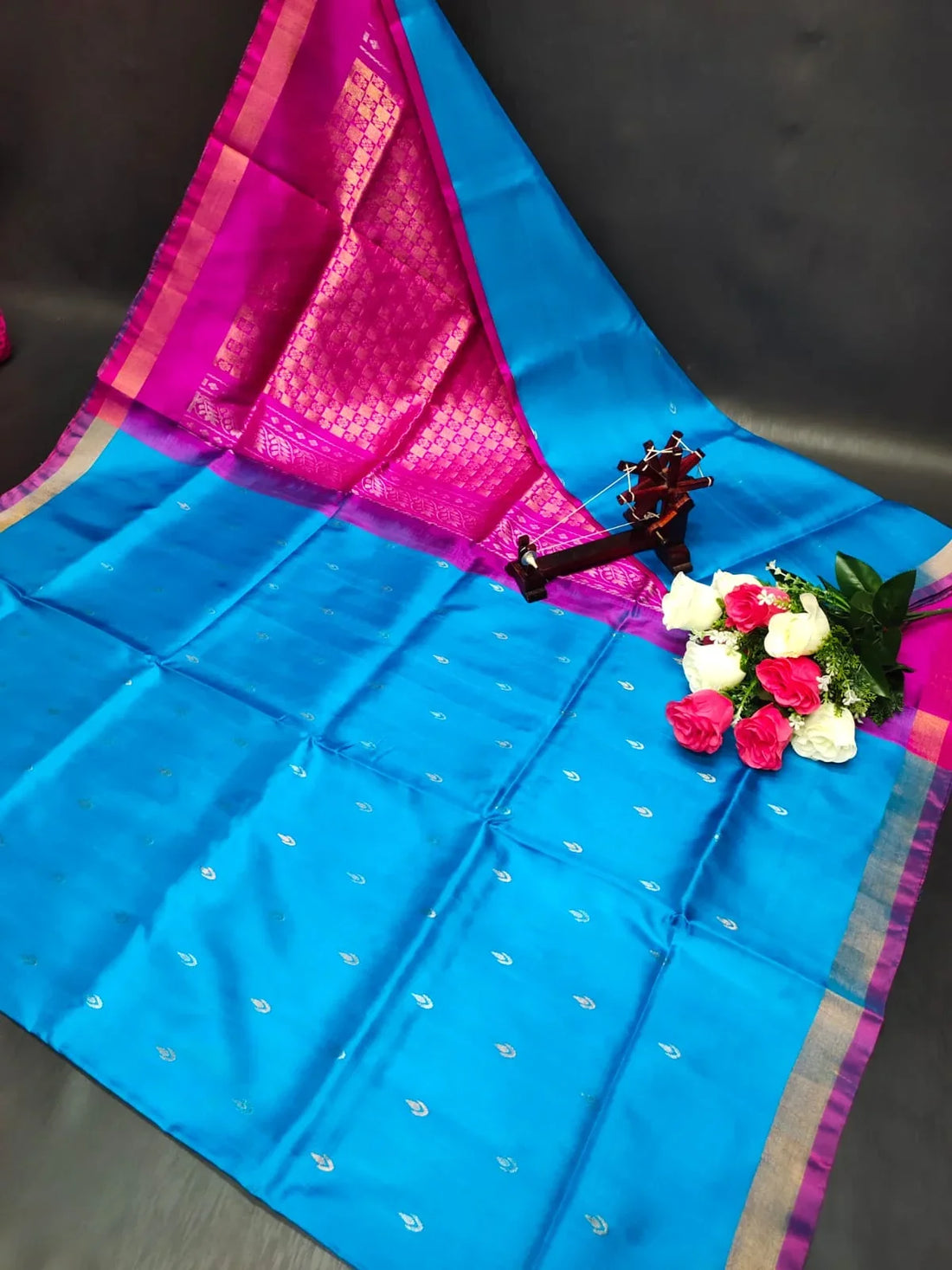 Sky Blue and Rani Pink Uppada Pattu Silk Saree with Checkered Zari Brocade - pochampallysarees.com