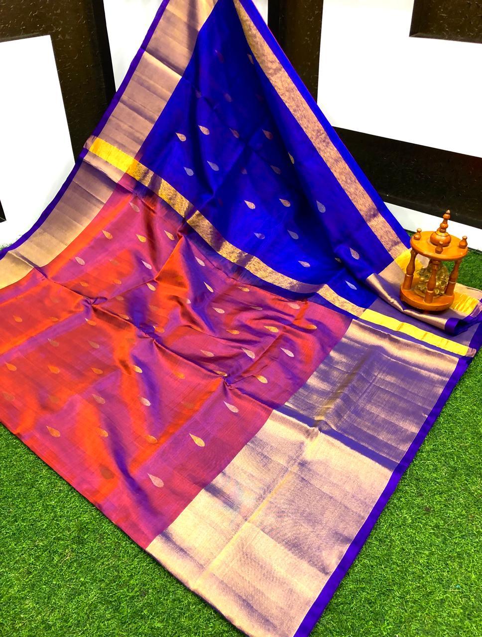 Exquisite Royal Blue & Reddish-Pink Uppada Pattu Saree with Zari Motifs - pochampallysarees.com