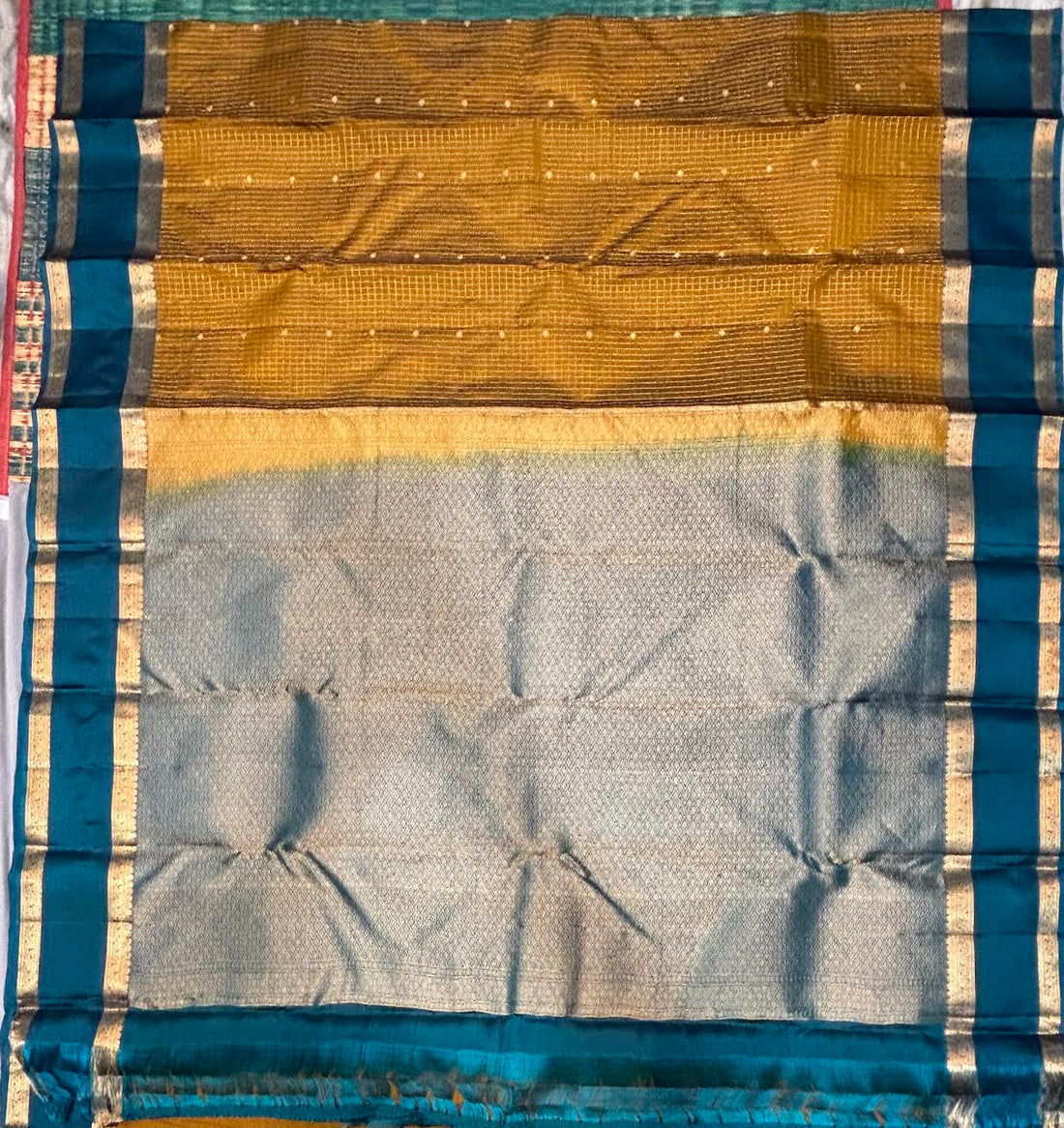 Mustard Yellow & Slate Blue Pure Kanchi Silk Saree with Teal Zari Border