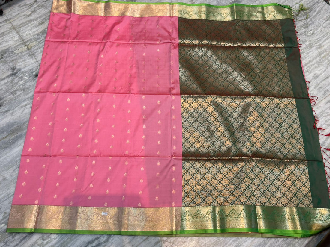Traditional Pure Pink Dharmavaram Silk Saree with Green Pallu & Zari Work - pochampallysarees.com