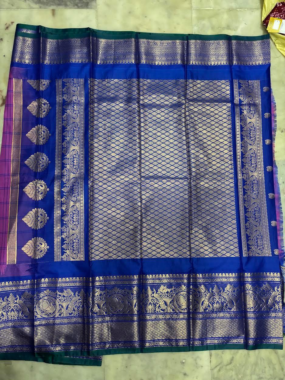 PURE GADWAL SILK PINK BODY BUTTI BLUE PALLU BLUE BIG BORDER AND BLOUSE BLUE SAREE - pochampallysarees.com