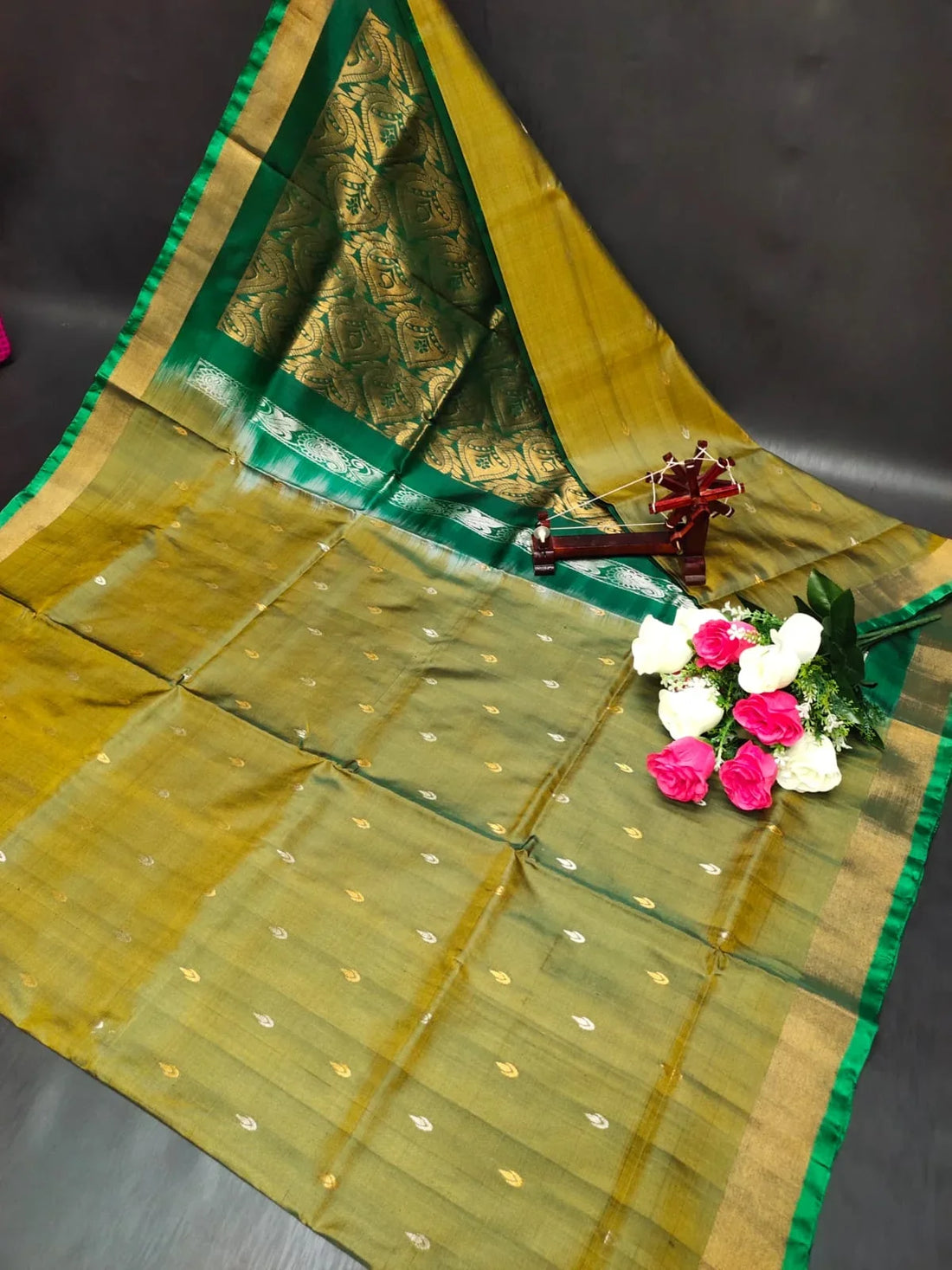 Olive Gold and Forest Green Uppada Pattu Silk Saree with Zari Motifs - pochampallysarees.com