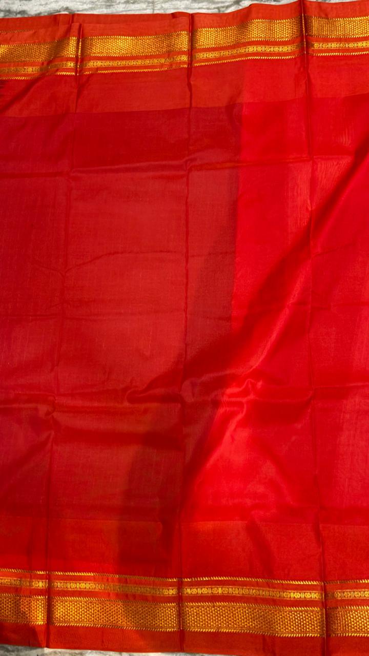 Beige Gadwal Silk Saree with Traditional Red Temple Zari Border - pochampallysarees.com