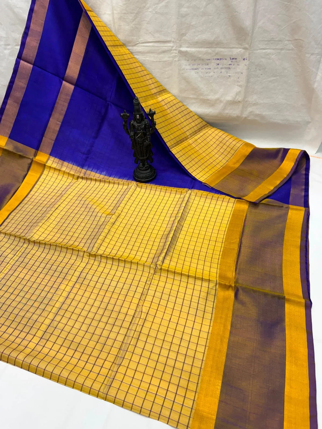 Elegant Royal Blue & Bright Yellow Checkered Uppada Pattu Saree - pochampallysarees.com