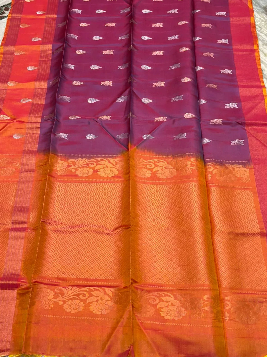 Elegant Royal Purple & Orange Soft Silk Saree with Traditional Zari Work - pochampallysarees.com