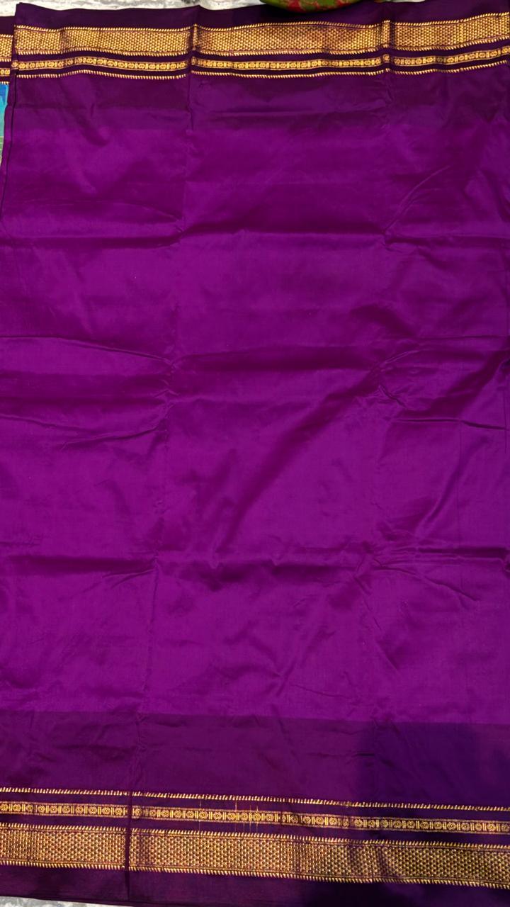 Olive Green Gadwal Silk Saree with Magenta Pink Pallu & Silver Temple Border - pochampallysarees.com