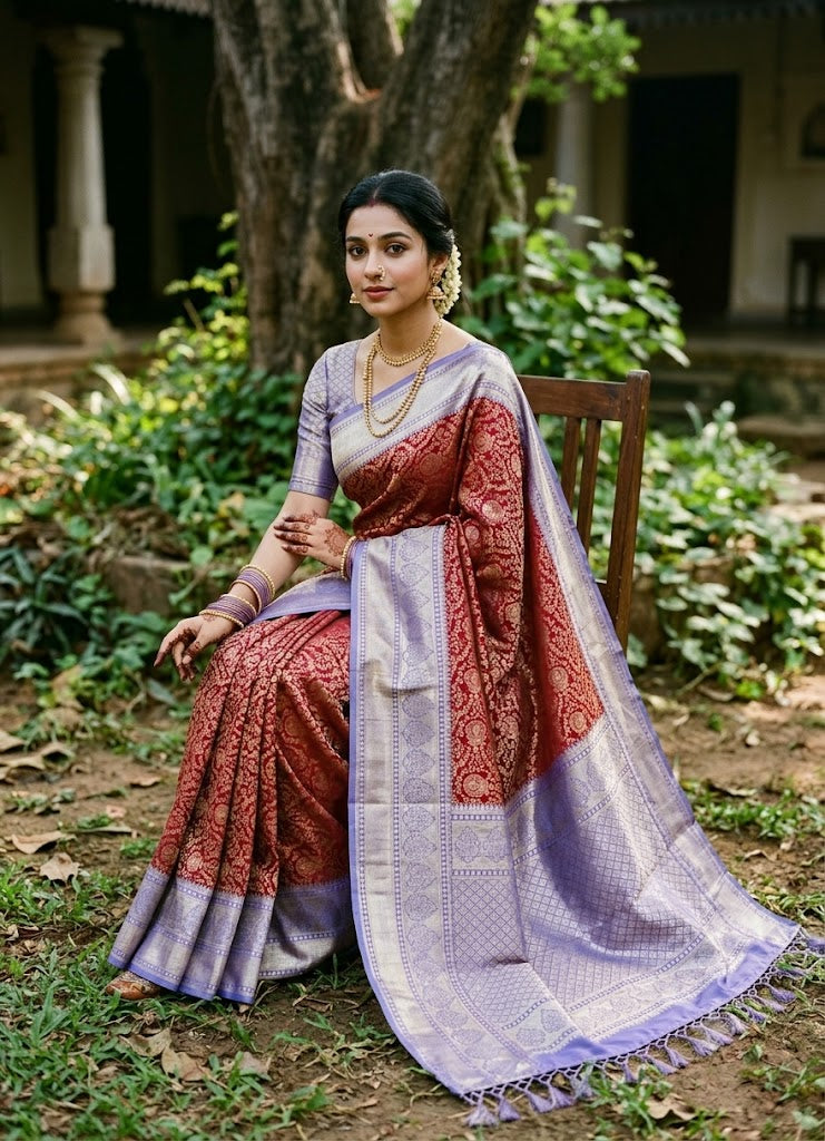 Graceful Maroon & Lavender-Blue Semi Dharmavaram Silk Saree with Elegant Silver-Gold Zari Border & Pallu