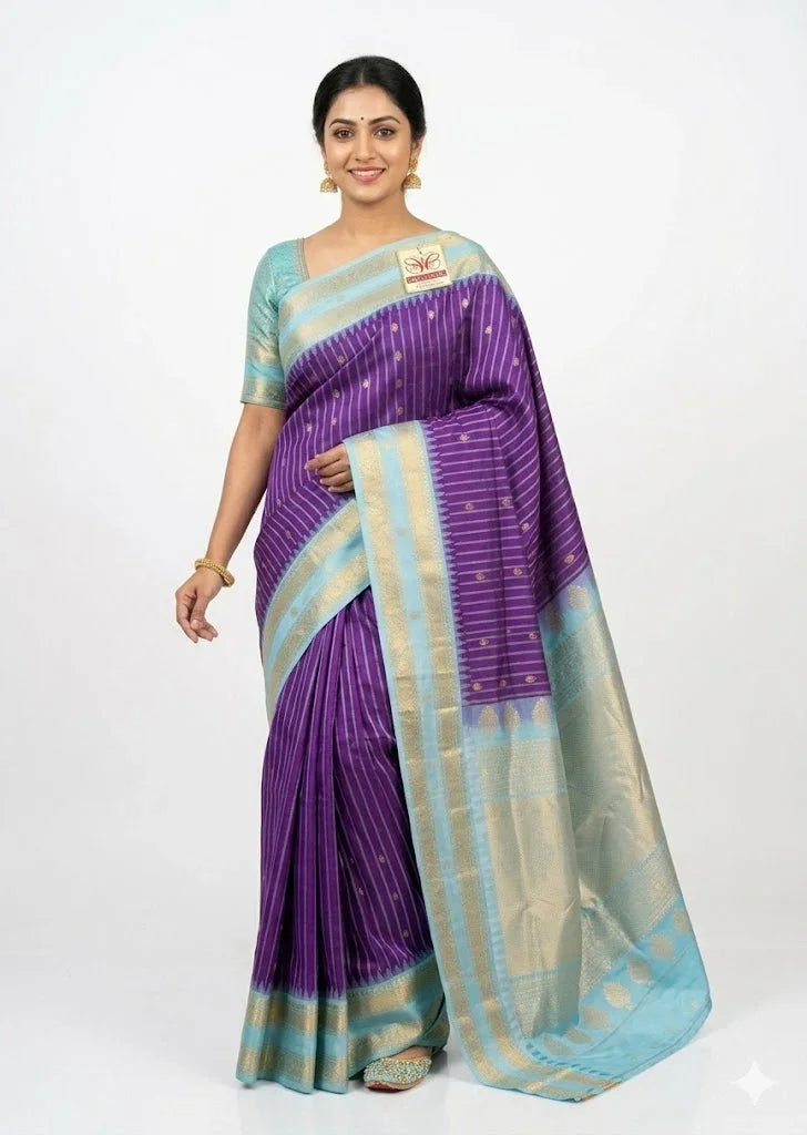 Pure Gadwal Silk Saree in Lavender with Light Blue Border - pochampallysarees.com