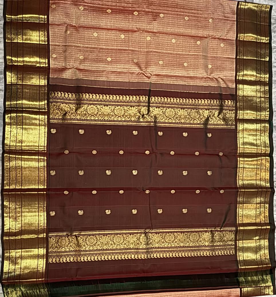 Traditional Peach and Maroon Kanchipuram Pattu Saree with Pure Zari Border