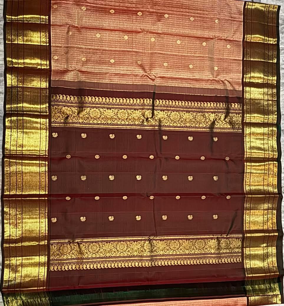 Traditional Peach and Maroon Kanchipuram Pattu Saree with Pure Zari Border - pochampallysarees.com