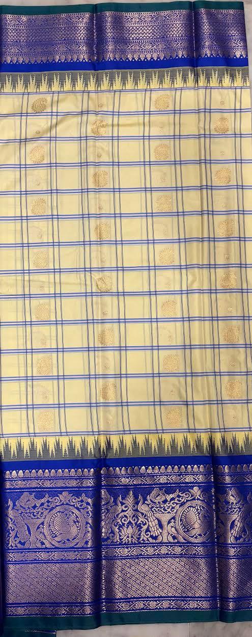 PURE GADWAL SILK CREAM BODY BUTTI BLUE PALLU BLUE BIG BORDER AND BLOUSE BLUE SAREE - pochampallysarees.com