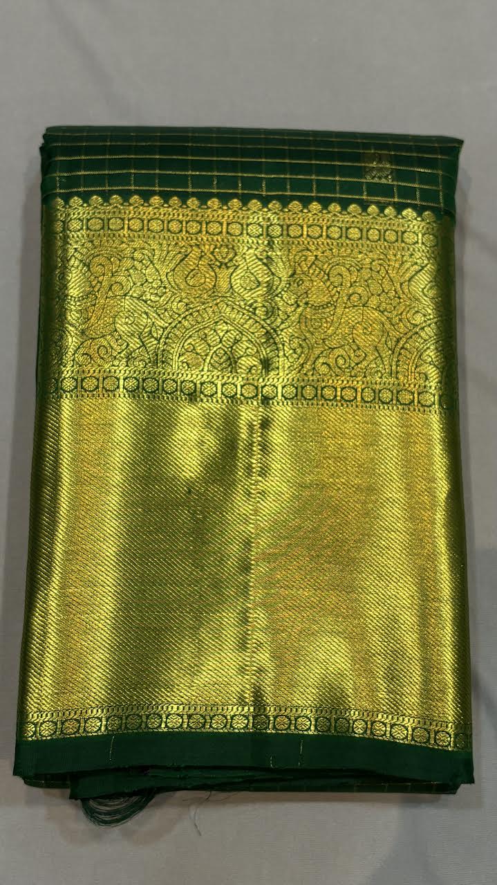 Original Kanchipuram Pattu Green Checks Saree