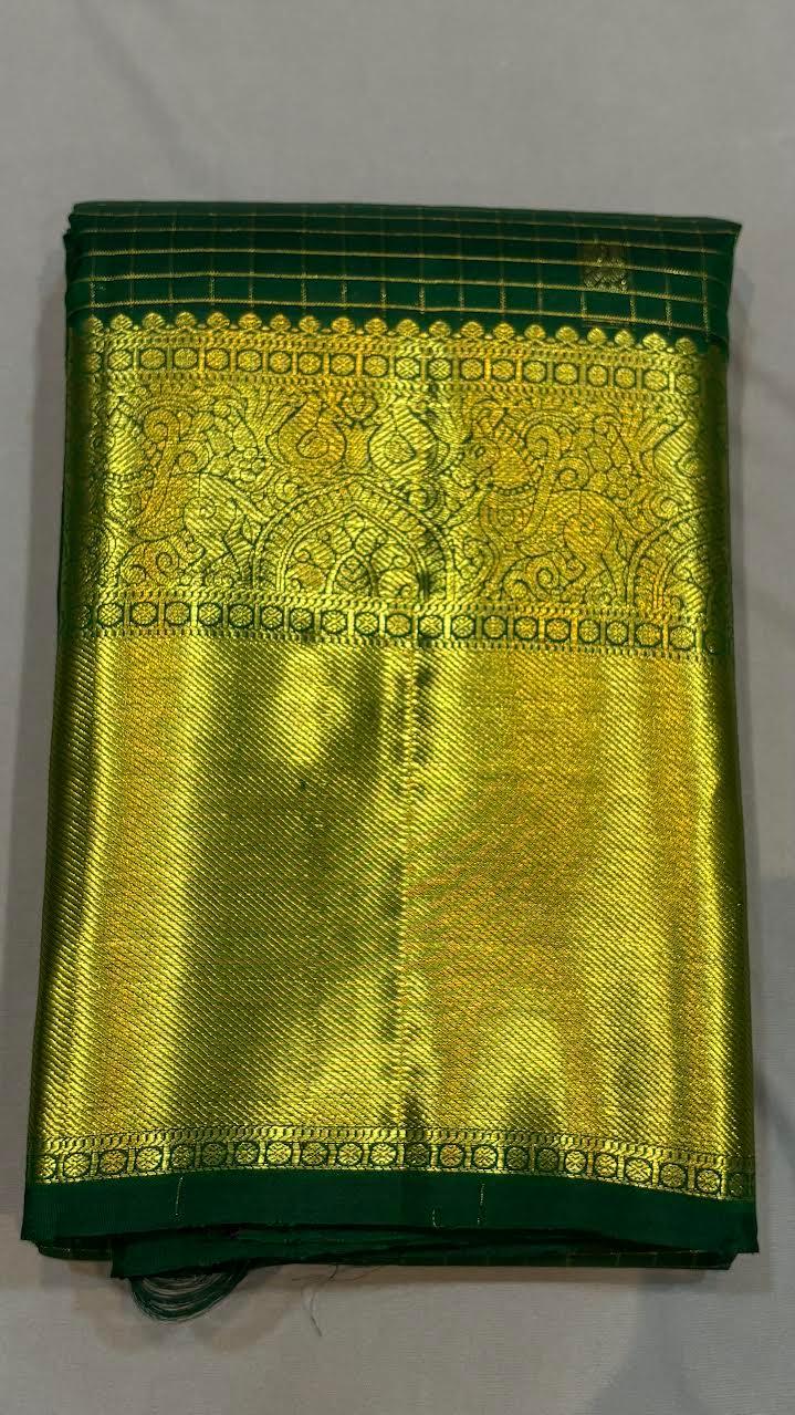 Original Kanchipuram Pattu Green Checks Saree - pochampallysarees.com