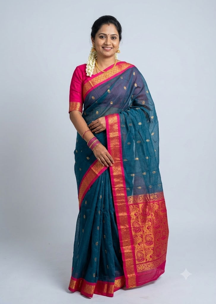 Traditional Teal Blue Gadwal Cotton Saree with Hot Pink Zari Border gc10