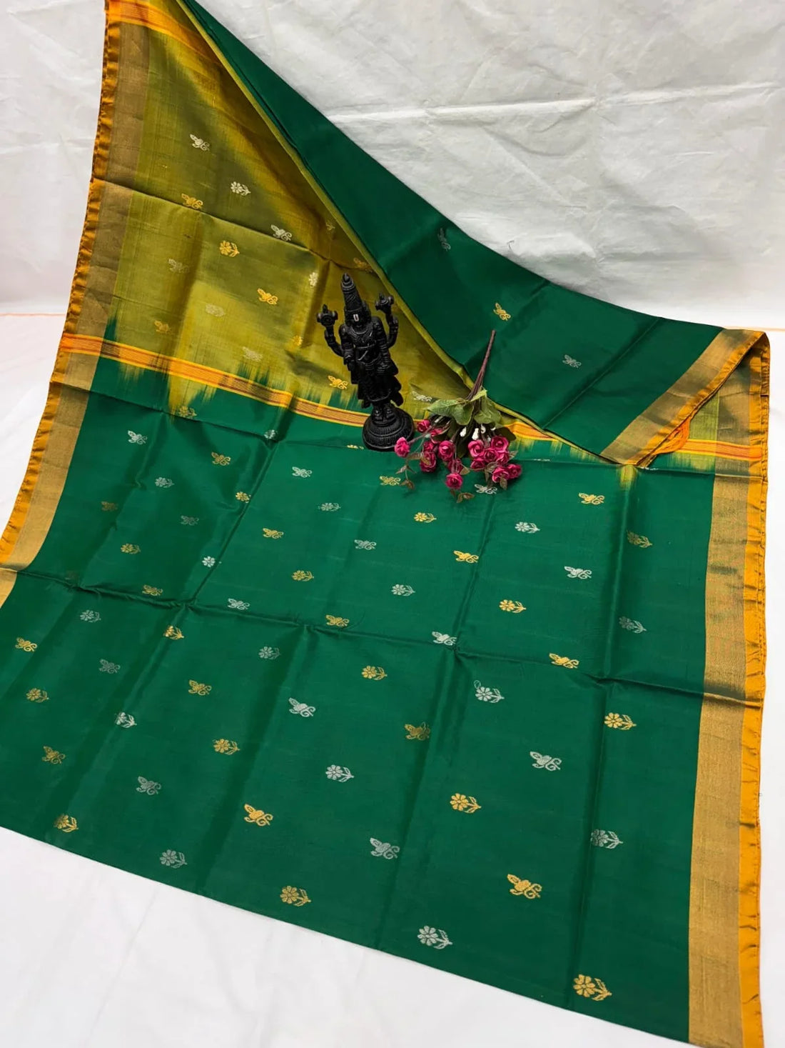 Dark Green and Olive Mustard Uppada Pattu Silk Saree with Gold and Silver Zari Buttas - pochampallysarees.com