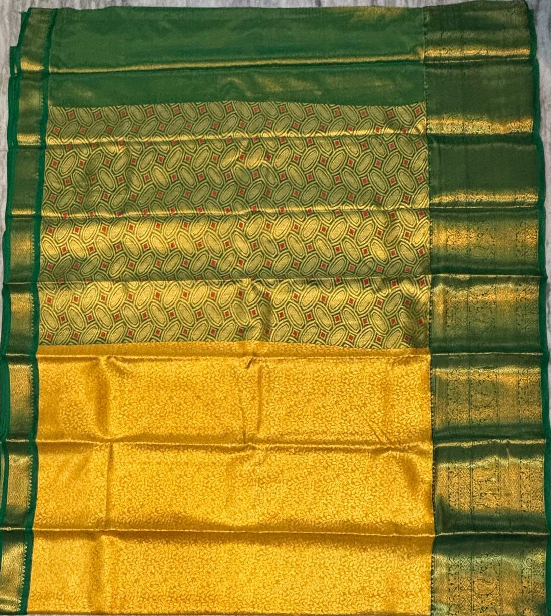 Dharmavaram Pattu Silk Saree – Mustard Yellow & Green - pochampallysarees.com