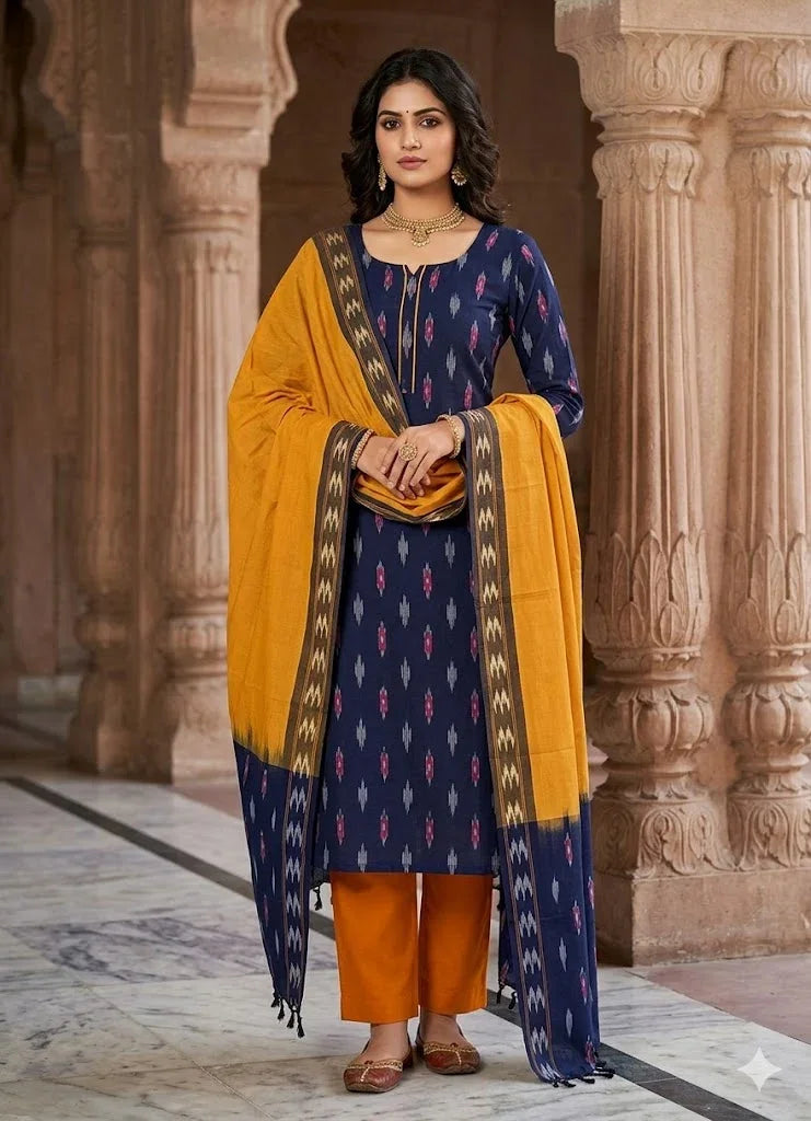 Pure Handloom Ikat Navy Blue and Orange Unstitched Suit Set - pochampallysarees.com