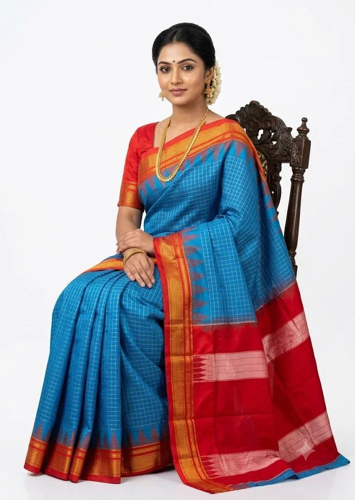 Royal Blue Checkered Gadwal Silk Saree with Red Temple Border - pochampallysarees.com