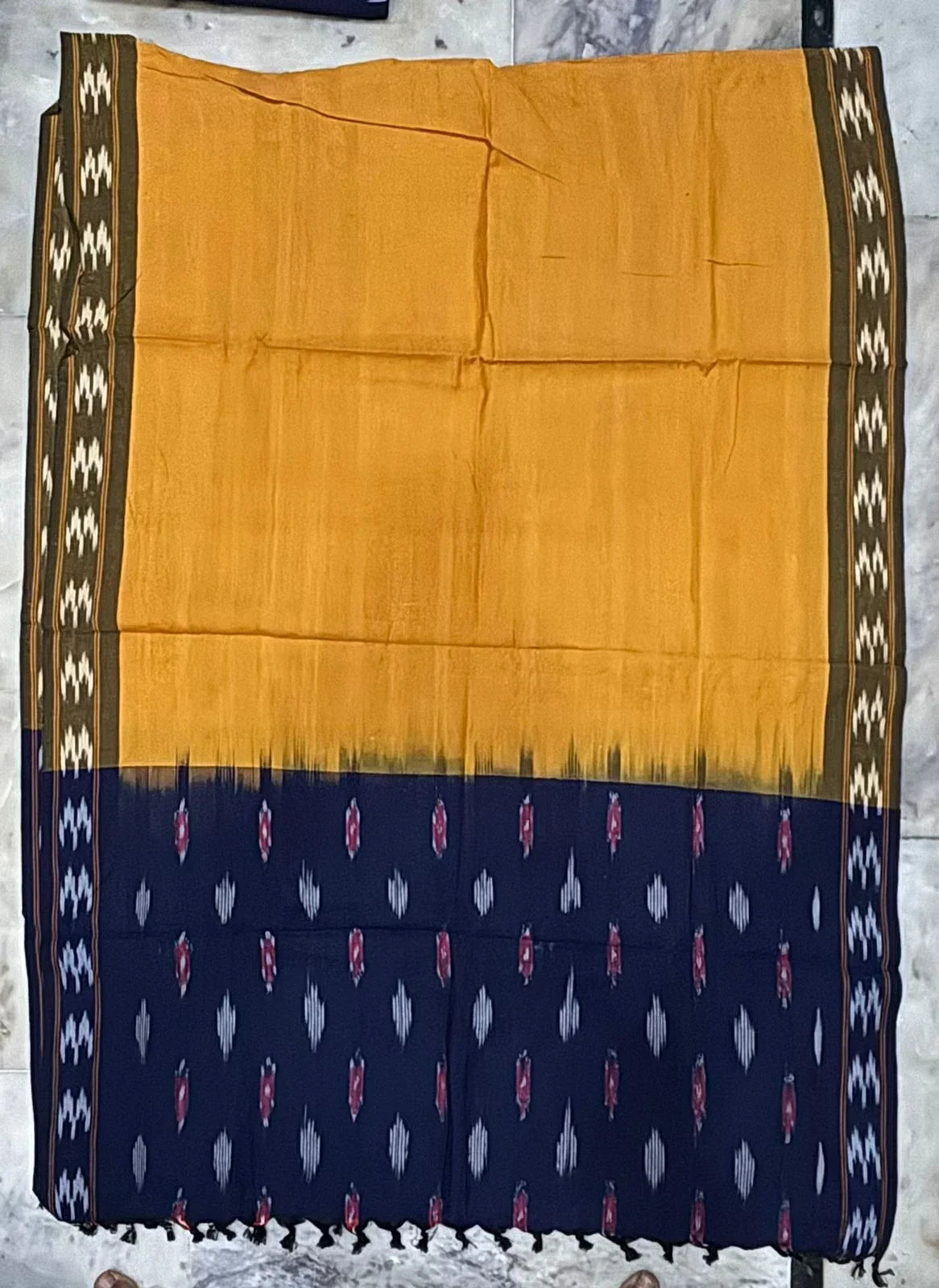 Pure Handloom Ikat Navy Blue and Orange Unstitched Suit Set - pochampallysarees.com